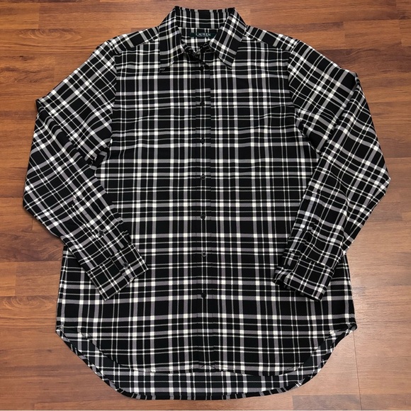 Lauren Ralph Lauren Sheer Button Up Tunic Black Plaid Oversized Top Size Medium - Picture 1 of 10